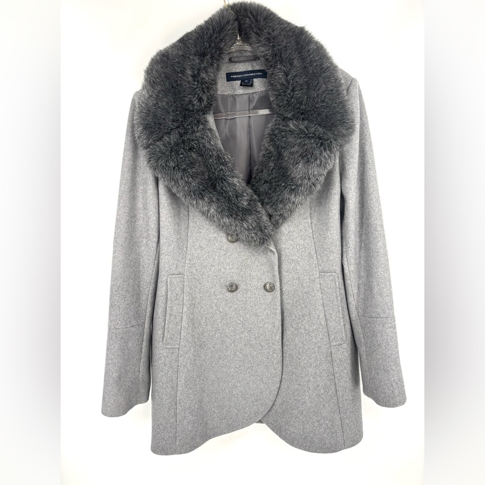 French Connection Faux Fur Collared Double-Breasted Wool Blend Pea Coat Size XL